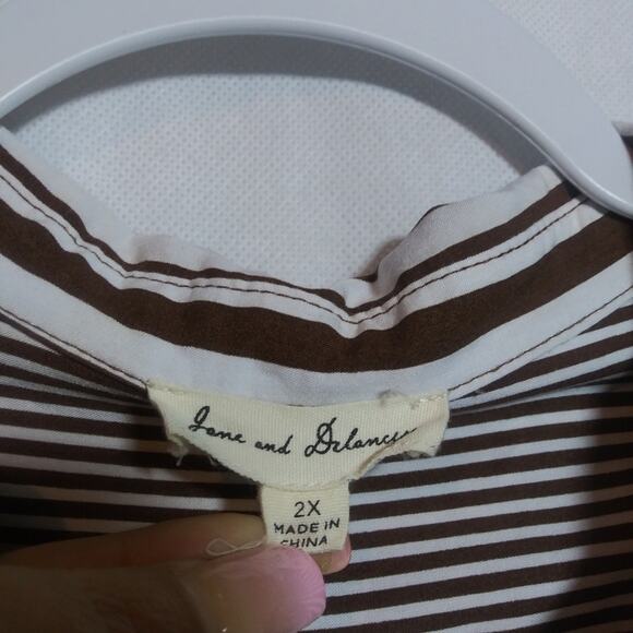 Jane and Delancey Brown and White Striped Boyfriend Button-Up Back Shirt Sz 2X - Picture 6 of 12